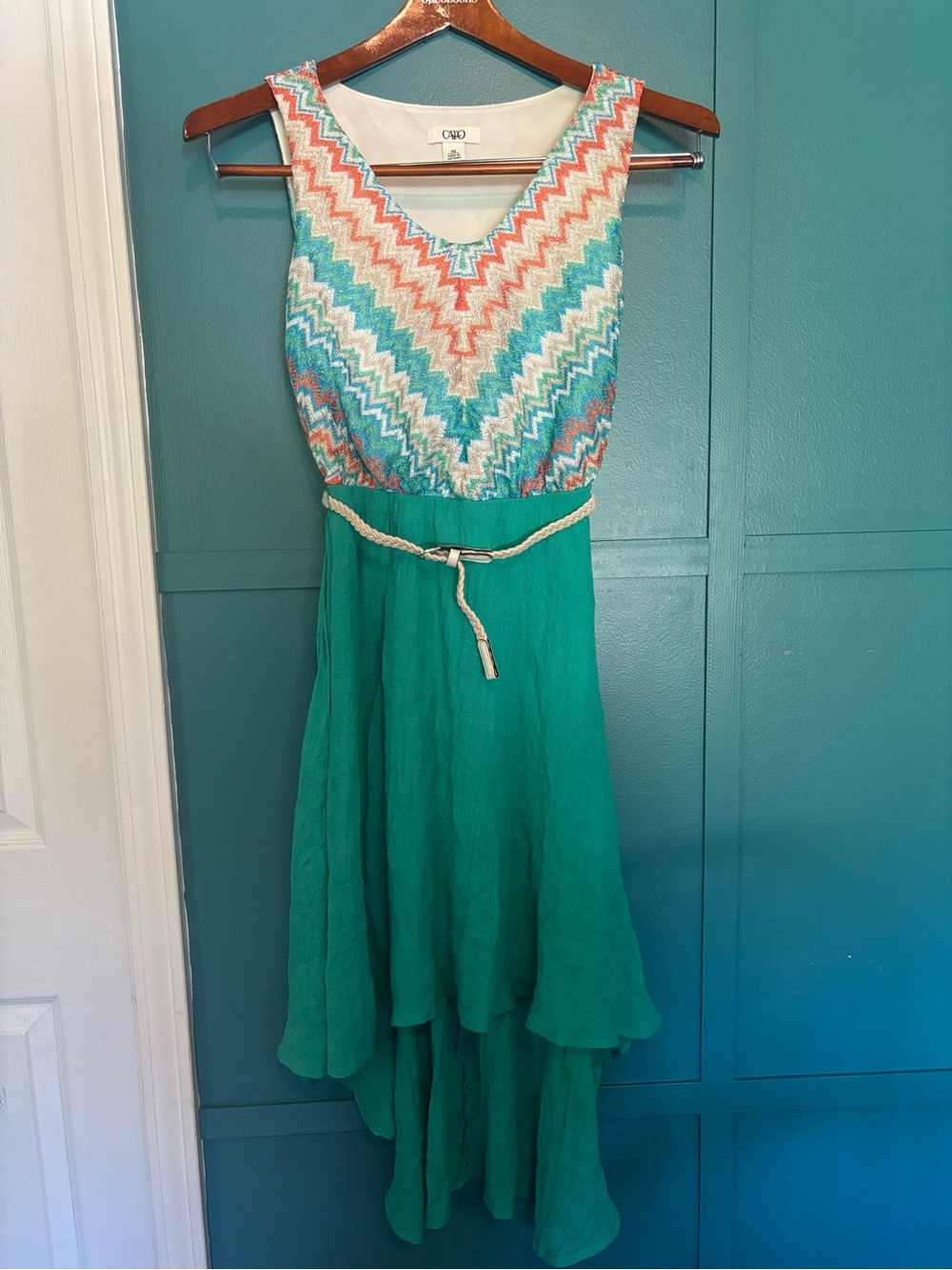 Cato Teal High-Low Dress with Belt & Multicolor Chevron Bodice Size XS